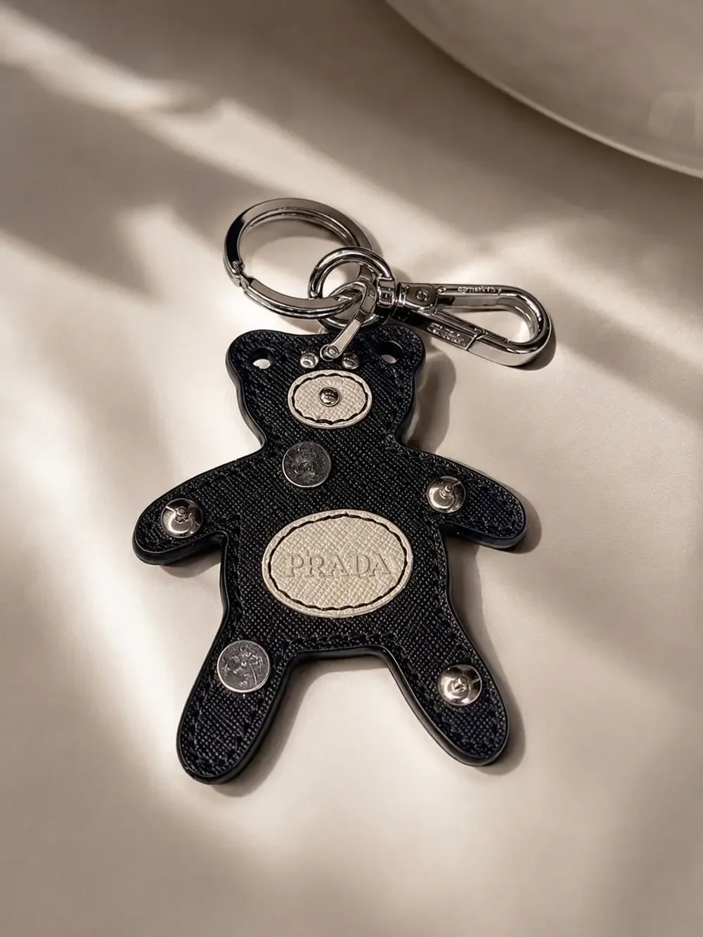 Authentic Prada Saffiano Leather Teddy Bear Bag Charm / Key Ring – Black & White